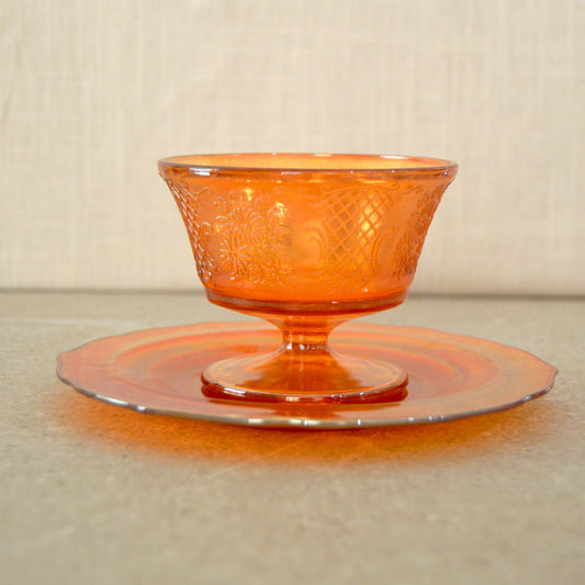 Vintage Floral Federal Glass Normandie Iridescent Marigold Carnival Glass Dessert Cup with Saucer (1940s)
