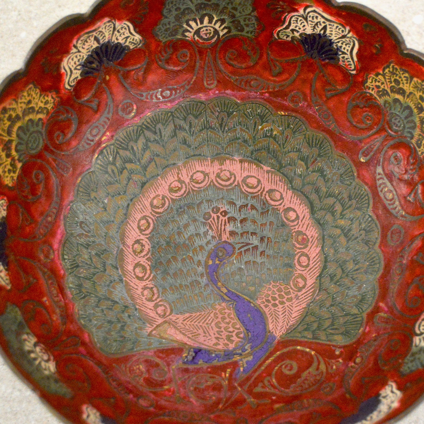 Vintage Peacock Scalloped Edge Enameled Brass Pedestal Bowl (India, 1970s)