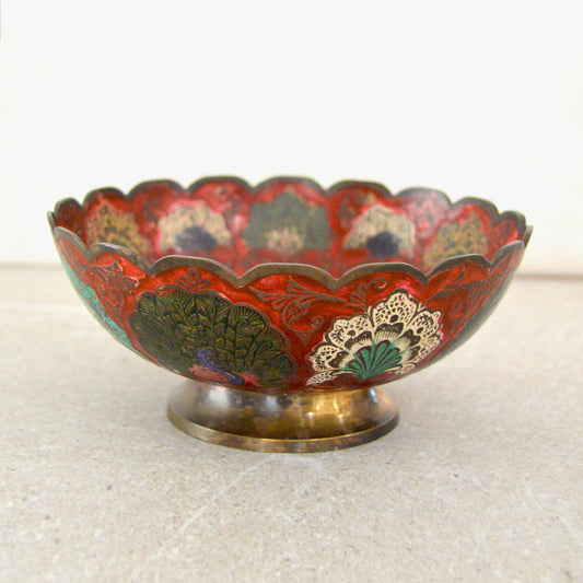 Vintage Peacock Scalloped Edge Enameled Brass Pedestal Bowl (India, 1970s)