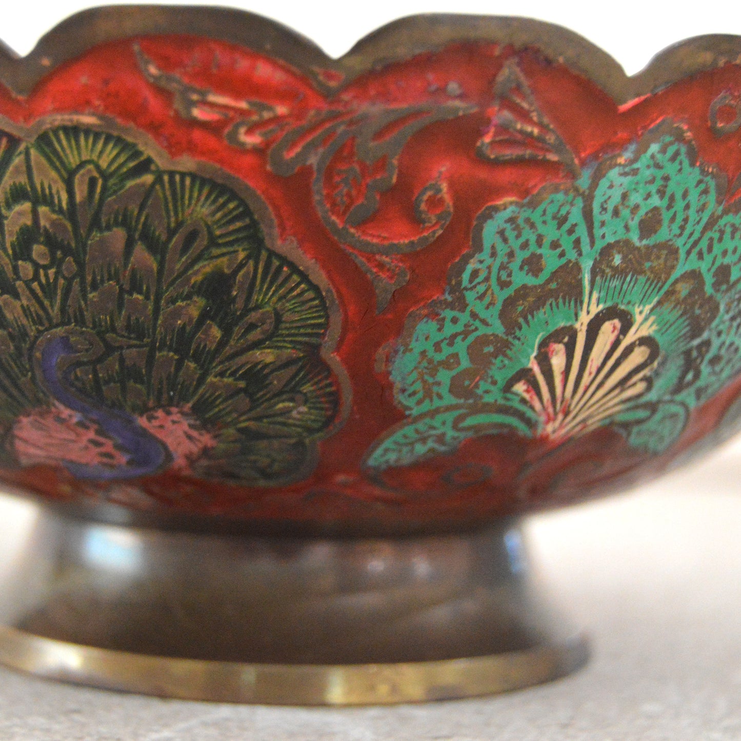 Vintage Peacock Scalloped Edge Enameled Brass Pedestal Bowl (India, 1970s)