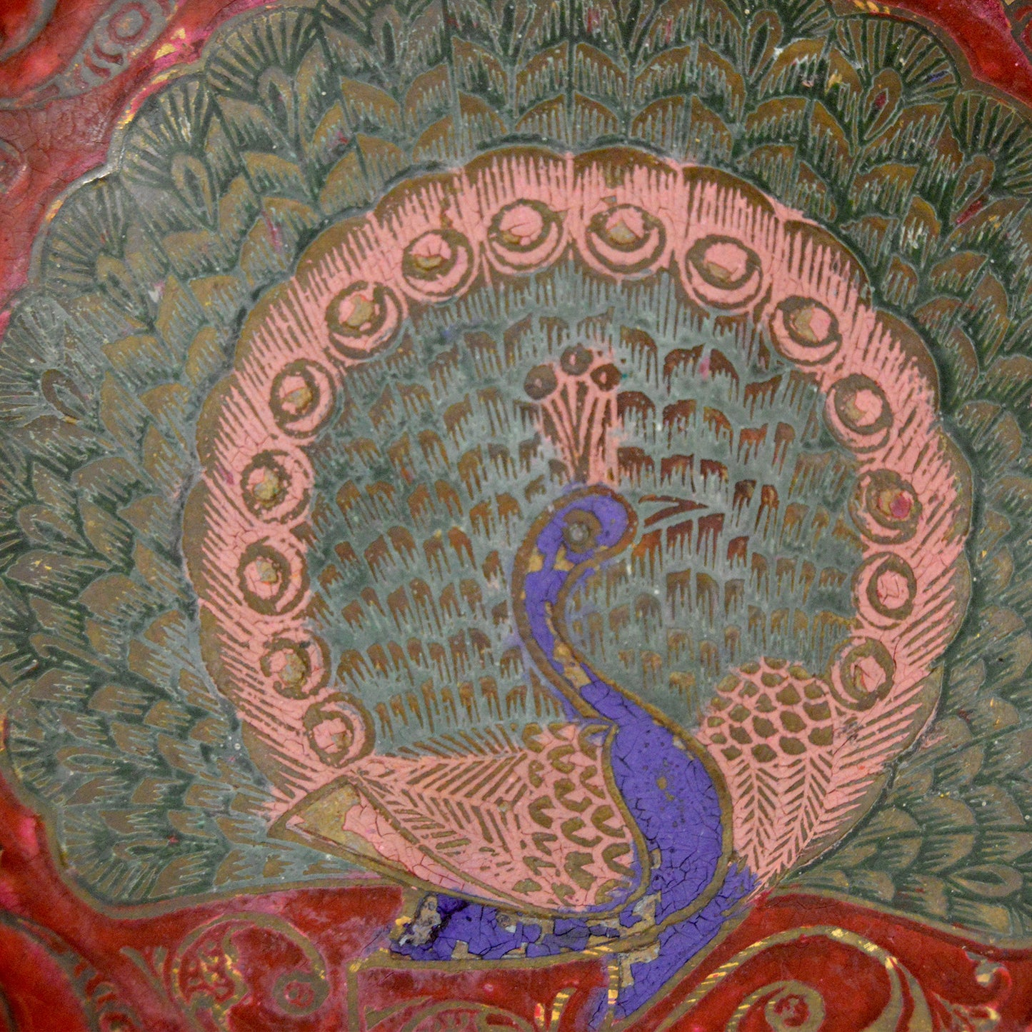 Vintage Peacock Scalloped Edge Enameled Brass Pedestal Bowl (India, 1970s)